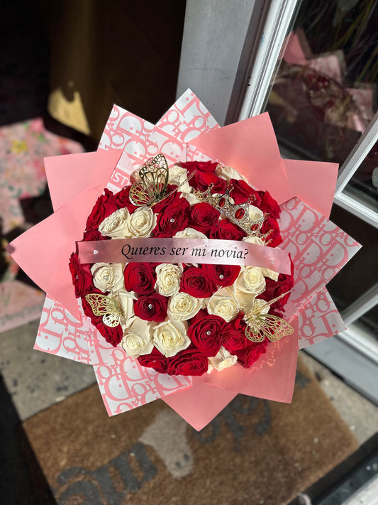 50 red+white roses w pink Dior wrap