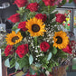 Red rose w 3 sunflowers