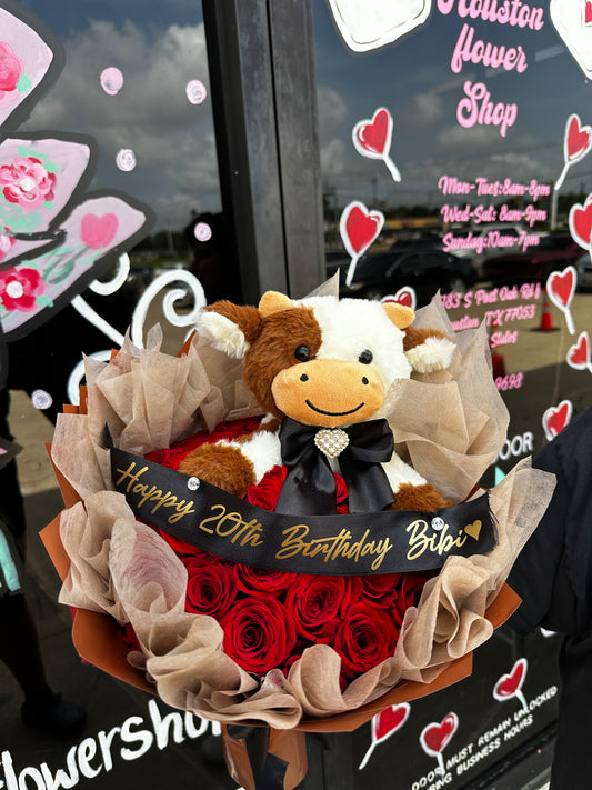 Cow plush +24 red roses