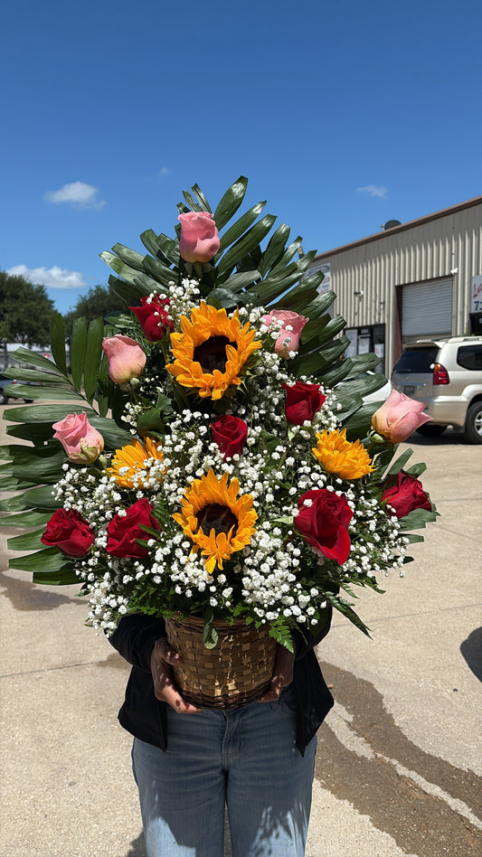 Brown Basket w roses and sunflowers