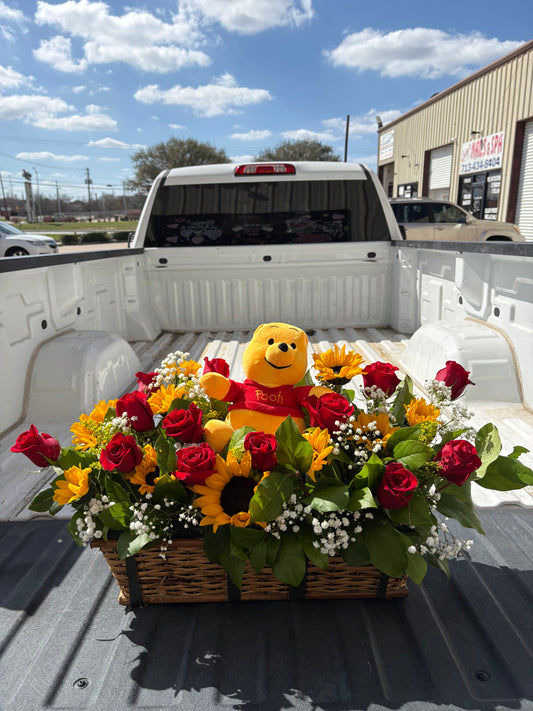 Sunflower + rose +Winnie the Pooh plushy