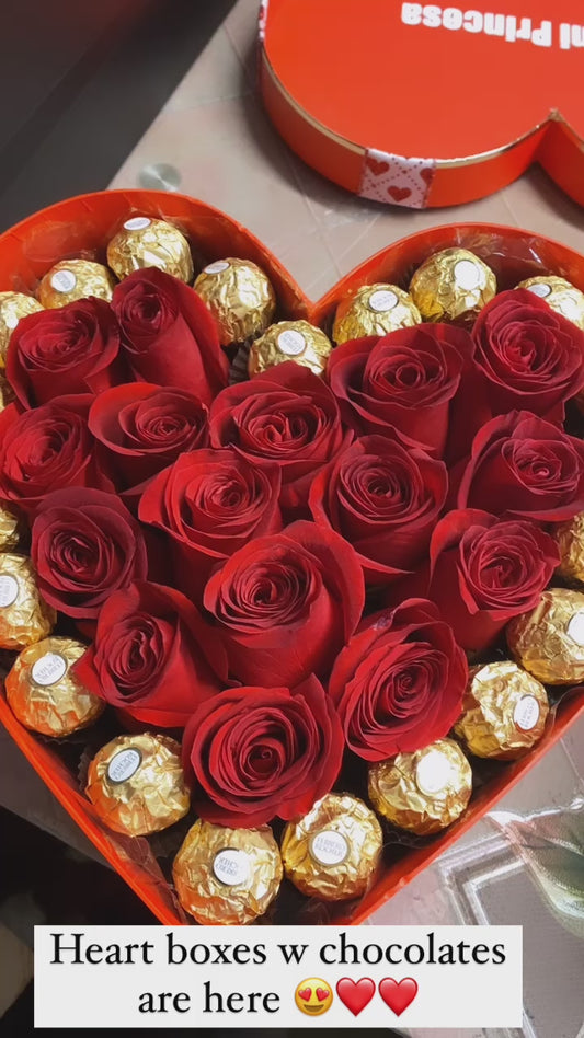 Heart box w roses and chocolates